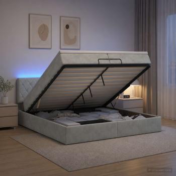 ARDEBO.de - Ottoman-Bett mit Matratze und LED Hellgrau 200 x 200 cm Samt