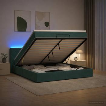 ARDEBO.de - Ottoman-Bett mit Matratze und LED Dunkelgrün 140 x 190 cm Samt
