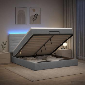 ARDEBO.de - Ottoman-Bett mit Matratze und LED Hellgrau 140 x 190 cm Stoff
