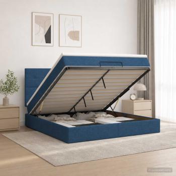 ARDEBO.de - Ottoman-Bett mit Matratze und LED Blau 140 x 190 cm Stoff