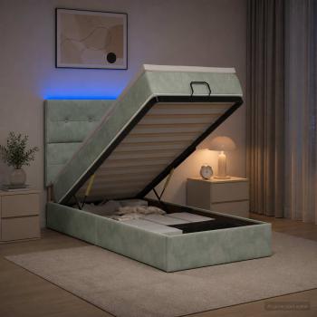 ARDEBO.de - Ottoman-Bett mit Matratze und LED Hellgrau 90 x 190 cm Samt
