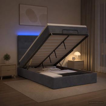 ARDEBO.de - Ottoman-Bett mit Matratze und LED Dunkelgrau 120 x 190 cm Samt