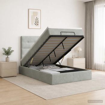 ARDEBO.de - Ottoman-Bett mit Matratze und LED Hellgrau 120 x 200 cm Samt