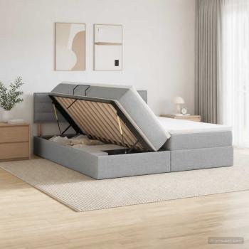 ARDEBO.de - LED-Speicherbett mit Matratze Hellgrau 200 x 200 cm Stoff