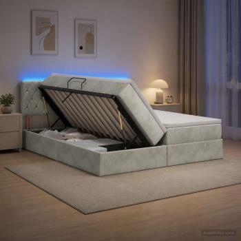LED-Speicherbett mit Matratze Hellgrau 200 x 200 cm Samt
