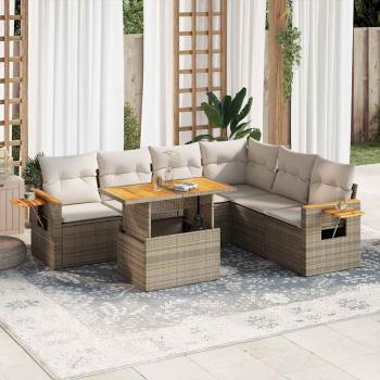 ARDEBO.de - 7-tlg. Garten-Sofagarnitur mit Kissen Beige Poly Rattan Akazie