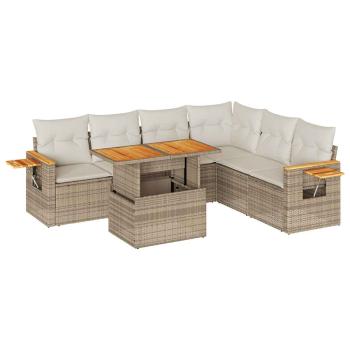 7-tlg. Garten-Sofagarnitur mit Kissen Beige Poly Rattan Akazie