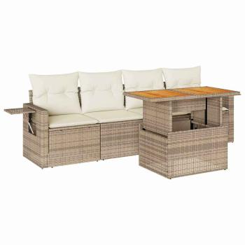5-tlg. Garten-Sofagarnitur mit Kissen Beige Poly Rattan