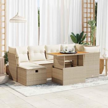 ARDEBO.de - 7-tlg. Garten-Sofagarnitur mit Kissen Beige Poly Rattan Akazie