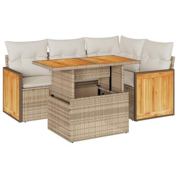 5-tlg. Garten-Sofagarnitur mit Kissen Beige Poly Rattan Akazie