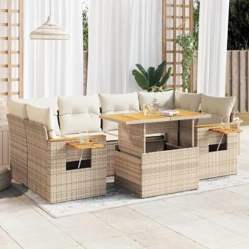 ARDEBO.de - 7-tlg. Garten-Sofagarnitur mit Kissen Beige Poly Rattan Akazie
