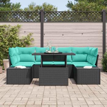 Sofa Set 7 stk. 6-Sitzanzahl Schwarz und Blau Poly-Rattan