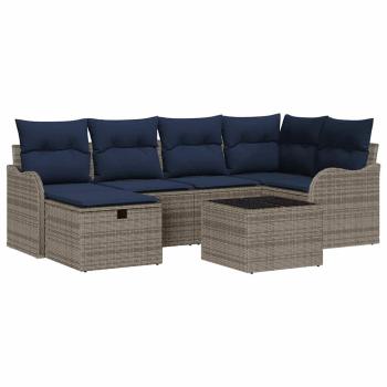 Gartensofa-set 7 stk. Grau und Marineblau Poly-Rattan