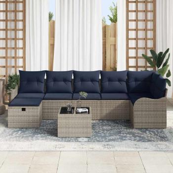 Sofa Set mit Kissen Grau und Marineblau Poly-Rattan