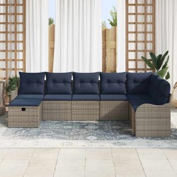 Sofa Set mit Kissen Grau und Marineblau Poly-Rattan