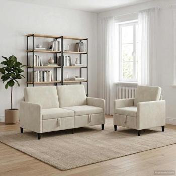 ARDEBO.de - Sofa Set mit Stauraum 2 stk. Creme Polyester