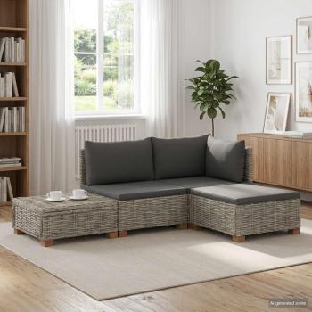 ARDEBO.de - 4 stk. Rattan-Lounge-Set mit Kissen GENDT Naturrattan Kubu Grau