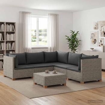 ARDEBO.de - 6 Stk. Rattan-Lounge-Set mit Kissen GENDT Naturrattan Kubu Grau
