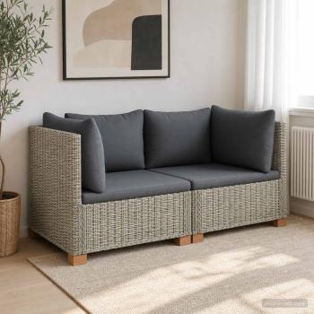 2 Stk. Rattan-Lounge-Set mit Kissen GENDT Naturrattan Kubu Grau