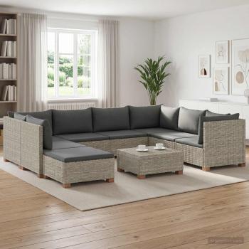 ARDEBO.de - 9 Stk. Rattan Lounge Set mit Kissen GENDT Naturrattan Kubu Grau