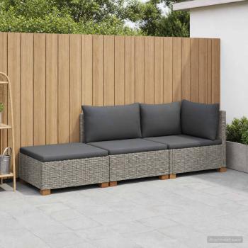 3 Stk. Rattan-Lounge-Set mit Kissen GENDT Naturrattan Kubu Grau