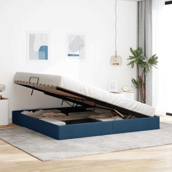 Ottoman Bettgestell mit Speicher Blau 200 x 200 cm Stoff