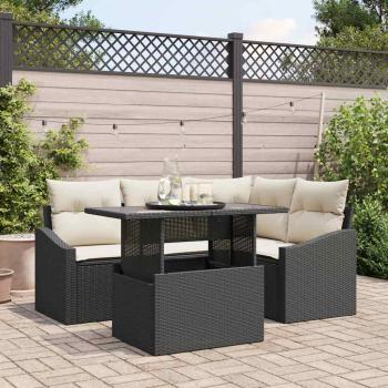 ARDEBO.de - Gartensofa-set 5 stk. Schwarz und Creme Poly-Rattan