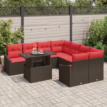 Gartensofa-set 9 stk. Braun und Rot Poly-Rattan