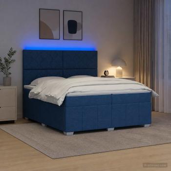 LED Boxspringbett mit Matratze Blau 200 x 200 cm Stoff