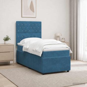 LED Boxspringbett mit Matratze Blau 90 x 200 cm Samt