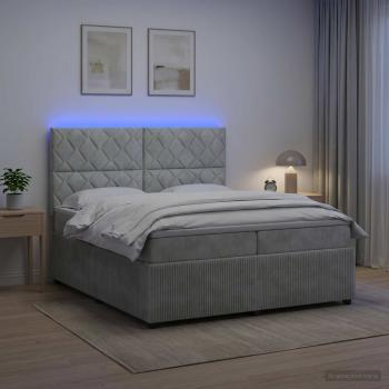 ARDEBO.de - LED Boxspringbett mit Matratze Hellgrau 200 x 200 cm Samt