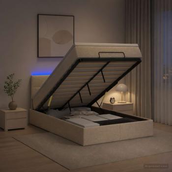 ARDEBO.de - Ottoman-Bett mit Matratze und LED Creme 120 x 190 cm Stoff