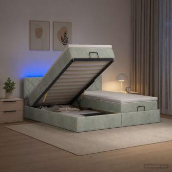 ARDEBO.de - Ottoman-Bett mit Matratze und LED Hellgrau 200 x 200 cm Samt