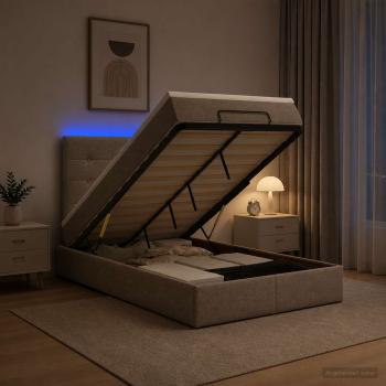 ARDEBO.de - Ottoman-Bett mit Matratze und LED Taupe 120 x 200 cm Stoff