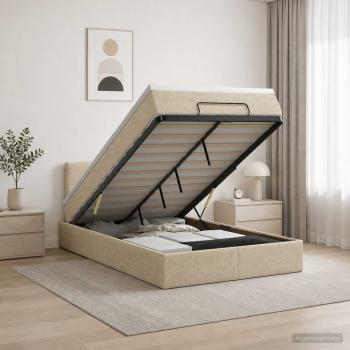 ARDEBO.de - Ottoman-Bett mit Matratze und LED Creme 120 x 200 cm Stoff
