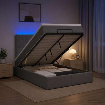 ARDEBO.de - Ottoman-Bett mit Matratze und LED Dunkelgrau 120 x 190 cm Stoff