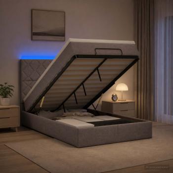ARDEBO.de - Ottoman-Bett mit Matratze und LED Taupe 120 x 190 cm Stoff