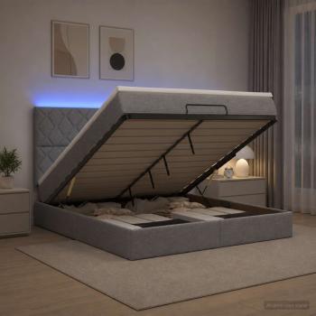 ARDEBO.de - Ottoman-Bett mit Matratze und LED Hellgrau 140 x 190 cm Stoff