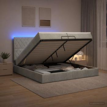 ARDEBO.de - Ottoman-Bett mit Matratze und LED Hellgrau 200 x 200 cm Samt