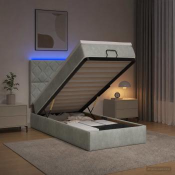 ARDEBO.de - Ottoman-Bett mit Matratze und LED Hellgrau 100 x 200 cm Samt