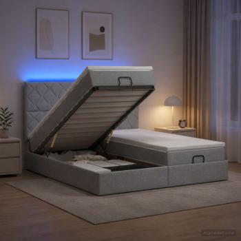 ARDEBO.de - Ottoman-Bett mit Matratze und LED Hellgrau 180 x 200 cm Stoff
