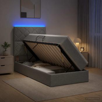 ARDEBO.de - LED-Speicherbett mit Matratze Hellgrau 90 x 190 cm Stoff