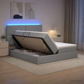 LED-Speicherbett mit Matratze Hellgrau 200 x 200 cm Stoff
