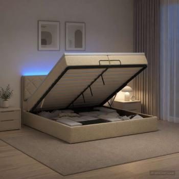 ARDEBO.de - Ottoman-Bett mit Matratze und LED Creme 200 x 200 cm Stoff