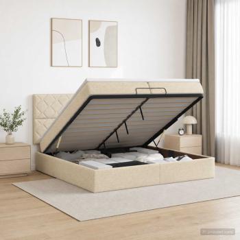 ARDEBO.de - Ottoman Bett mit Matratze mit Kopfteil Creme 200 x 200 cm Stoff