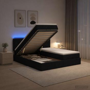 ARDEBO.de - Ottoman-Bett mit Matratze und LED Schwarz 180 x 200 cm Stoff
