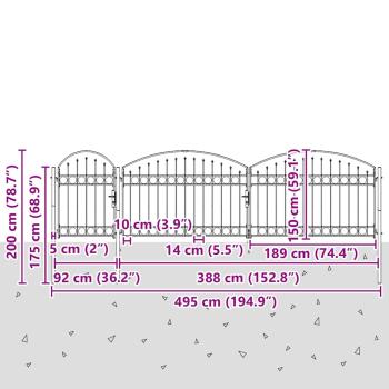 Gartentor mit Gewölbter Spitze Stahl 2 x 5 m Schwarz