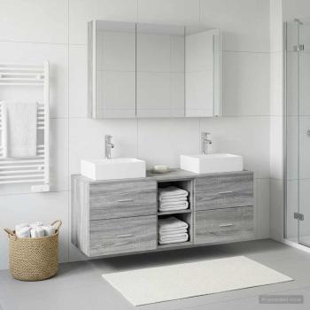 Badezimmermöbel-Set 4 stk. Grau Sonoma Ingenieurholz und Glas