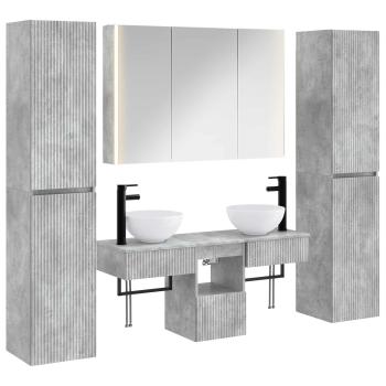 Badezimmermöbel-Set 6 stk. Betongrau Ingenieurholz und Glas