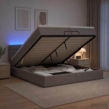 ARDEBO.de - Ottoman-Bett mit Matratze und LED Taupe 200 x 200 cm Stoff
